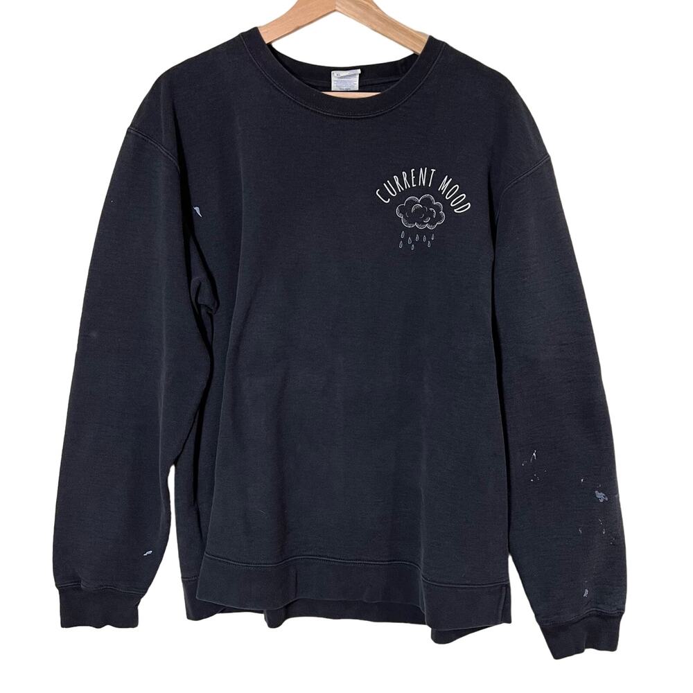 Distressed Graphic Pullover Crew Neck Sweatshirt Navy Blue Gray Moody Rain Cloud